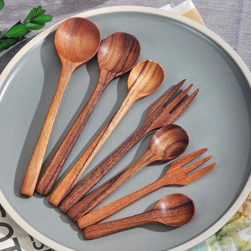 7-Piece Sustainable Acacia Wood Utensil Set for Soup, Ramen, Salad, and Desserts