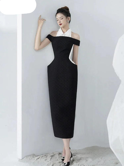 Elegant Two-Tone Evening Dress with Luxurious Diamond Bow for Women