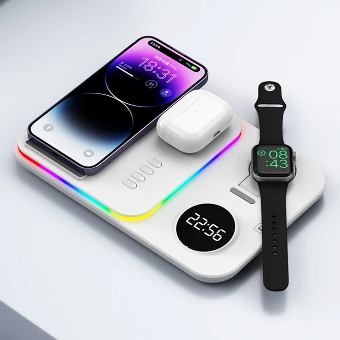 Multi-Device 5-in-1 Wireless Charging Station with RGB LED Display for Apple Watch, AirPods, iPhone, Galaxy Watch, and Samsung - Fast Charging with Time Functionality