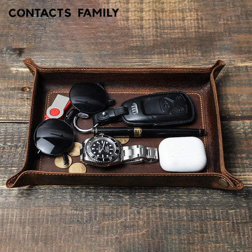 Elegant Cowhide Leather Organizer Tray for Keys, Wallets, and Coins: A Stylish Storage Solution