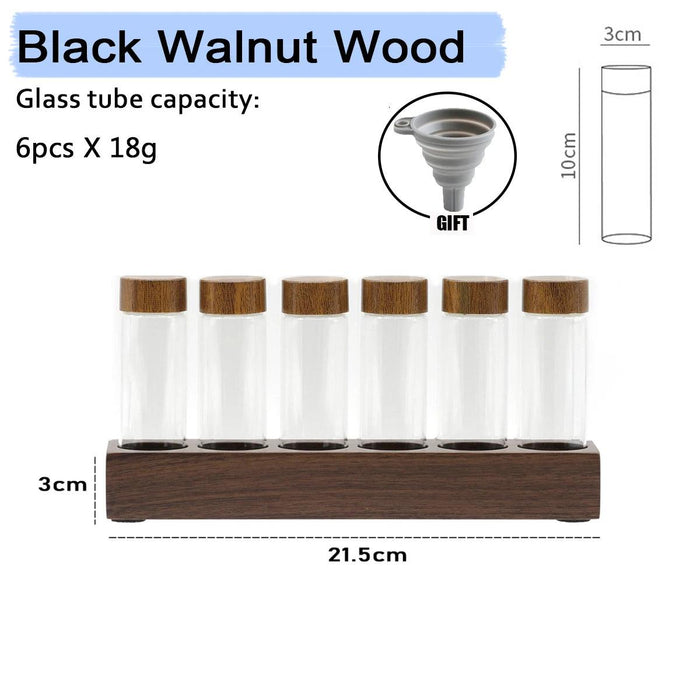 Elegant Coffee Bean Display Organizer with Glass Tubes and Walnut Base