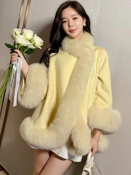 Chic White Wool Cape with Genuine Fox Fur Embellishments - Women's Fashion Outerwear