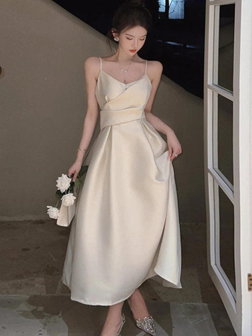 Chic White Satin Midi Dress with Low Cut Neckline - Exquisite Evening Party Gown for Women