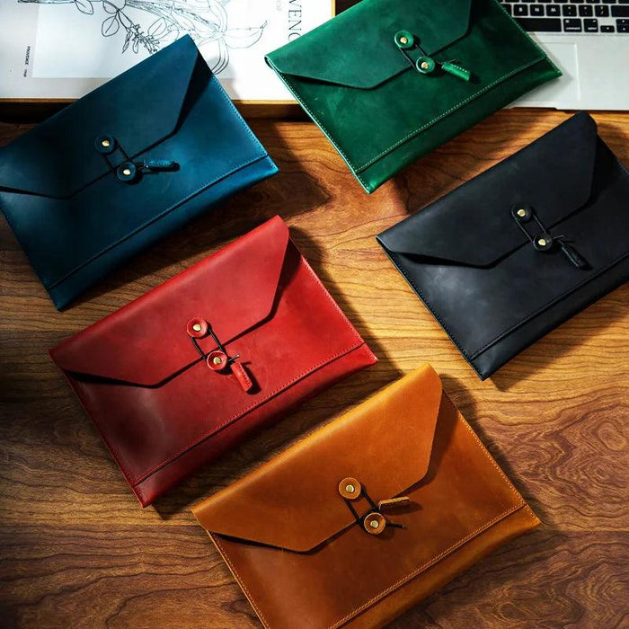 Retro Cowhide Leather Laptop Sleeve with Multi-Functional Storage