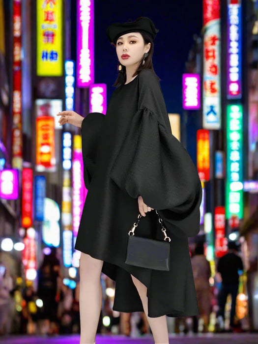 Batwing Sleeve Solid Color Dress for Autumn