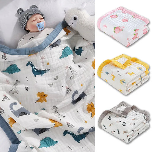 Cotton Baby Swaddle Blanket with Cartoon Design - Multi-Layered and Breathable Blanket for Newborns