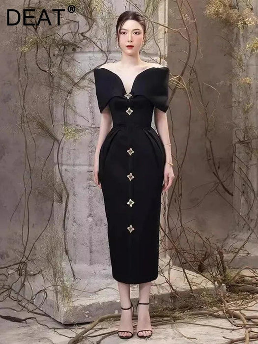 High-Waisted Evening Gown with Asymmetrical Neckline and Slit Detail