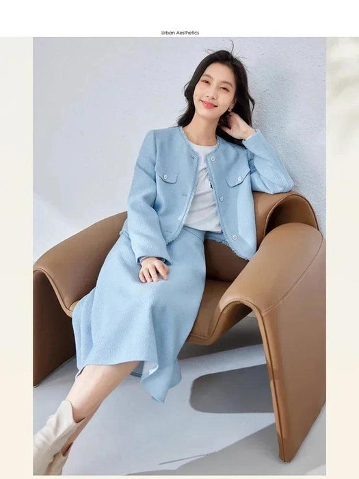 Elegant Blue Tweed Women's 2-Piece Suit Set with Cropped Jacket and Midi Skirt for Spring Style