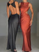 Satin Backless Bodycon Sexy Maxi Dress Women High Elastic Satin O Neck Sleeveless