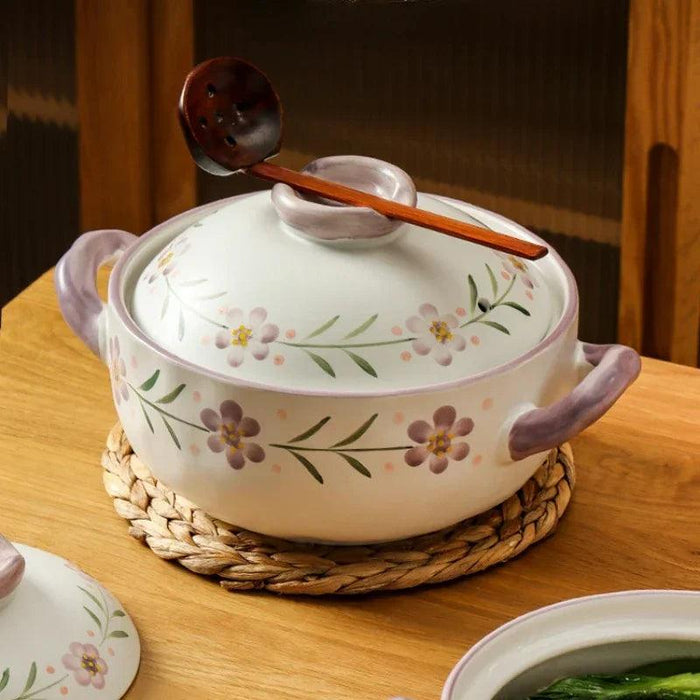 Elegant Japanese Taro Clay Casserole with Purple Floral Design for Gas Cooking: Experience Authentic High-Heat Culinary Traditions