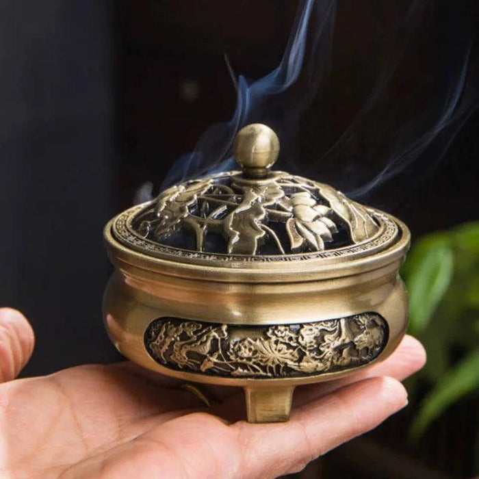 Antique Hollow Copper Incense Burner with Three Legs - Elegant Zen Decor for Home and Yoga Spaces