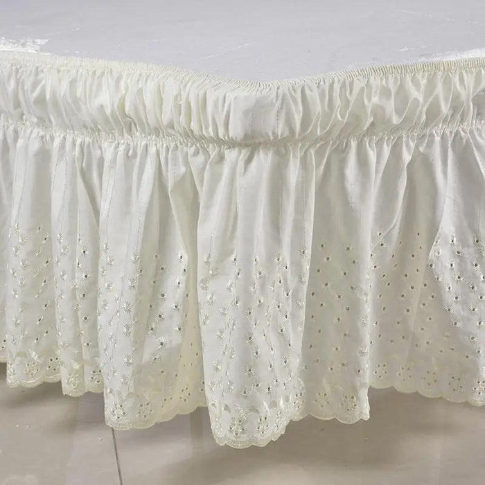 Embroidered Floral Cotton Queen Bed Skirt - Elastic Fit with Elegant Finish