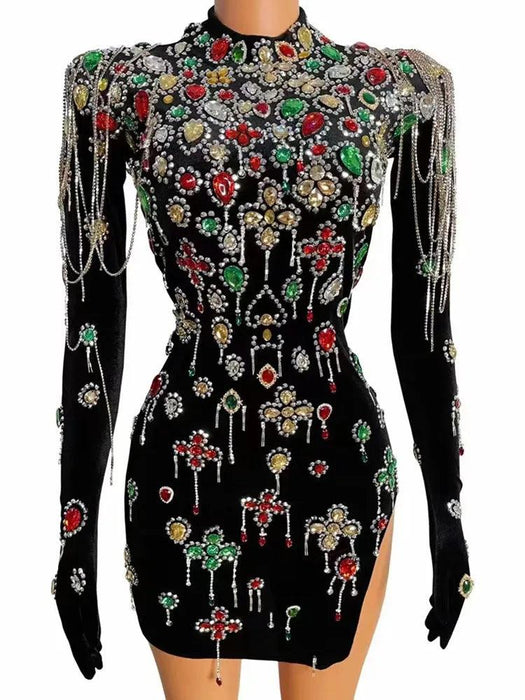 Chic Black Velvet Evening Dress with Vibrant Crystal Accents