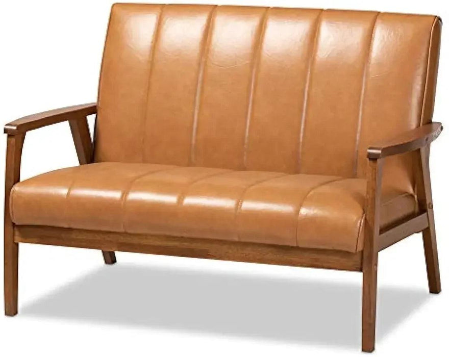 Nikko Tan Faux Leather Loveseat with Walnut Brown Finish - Chic Sofa for Modern Living Rooms