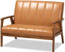 Nikko Tan Faux Leather Loveseat with Walnut Brown Finish - Chic Sofa for Modern Living Rooms