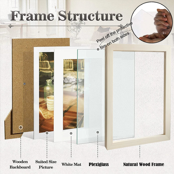 Wooden Family Photo Frame Gallery Set - Wall Hanging Kit with Plexiglass