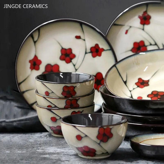 Handcrafted Plum Blossom Japanese Ceramic Dining Set - Elegant Plates and Bowls for Stylish Home Decor