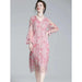 Chic V-Neck Puff Sleeve Mulberry Silk Dress with French Floral Print