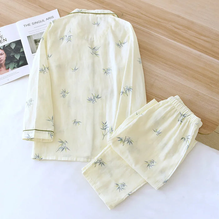 100% Cotton Women's Pajama Set for Spring/Summer - Lightweight Double Gauze Long-Sleeve Sleepwear