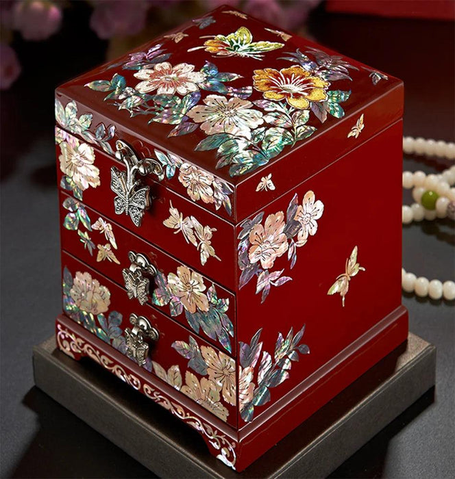 Handcrafted Mother-of-Pearl Jewelry Box with Enchanting Butterfly and Peony Design - Ideal for Storing Bangles and Keepsakes