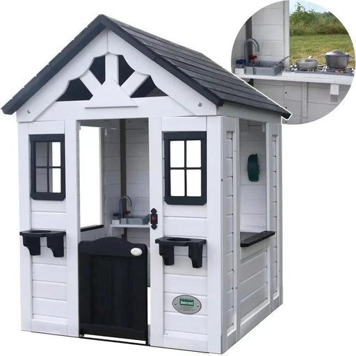 Elegant White Wooden Outdoor Playhouse with Kitchen, Sink, and Functional Doorbell