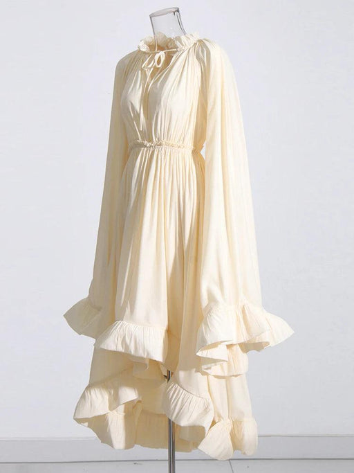 Elegant V-Neck High Waist Ruffled Patchwork Dress with Cloak Sleeves for Women - Stylish Irregular Hem Design