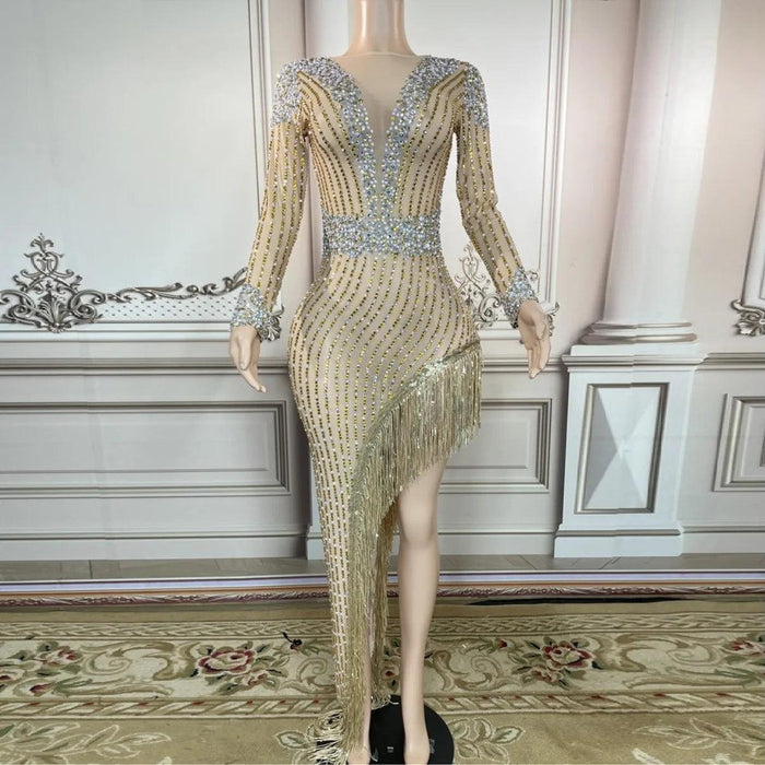 Glamorous Golden Diamond Tassel Evening Gown for Unforgettable Nights in Dubai and Saudi Arabia