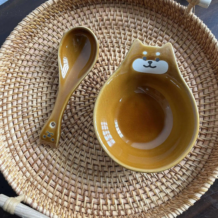 Whimsical Cartoon Relief Ceramic Sauce Bowl with Spoon for Hot Pot and BBQ Delight