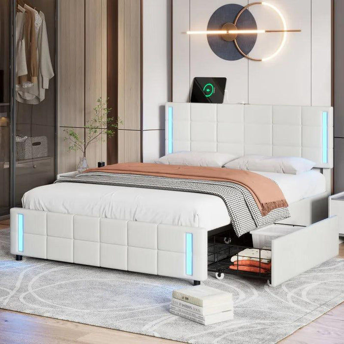 Luxurious Queen Bed with Smart LED Lighting, USB Charging, and Spacious Storage Options