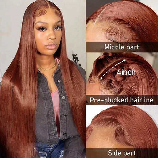 Reddish Brown Human Hair Lace Front Wig with Transparent 13x4 Lace Frontal for Women