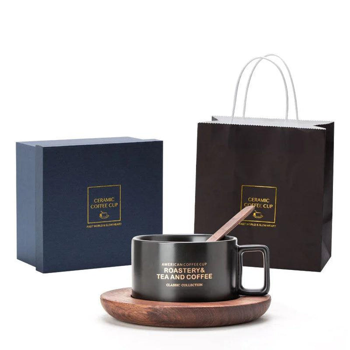 Elegant American Heritage Ceramic Coffee Cup Set with Walnut Cup Holder and Gift Box