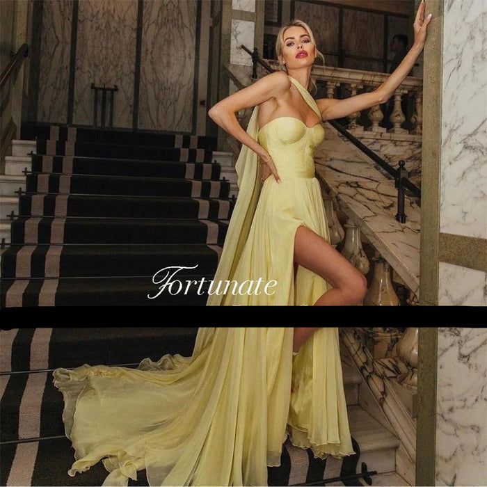 Elegant Custom A-Line Chiffon Evening Dress with Bold Side Slit and Vibrant Accents for Prom 2024