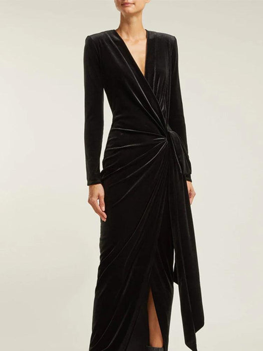 Sophisticated Asymmetrical Velvet Evening Dress with Alluring Deep V-neck