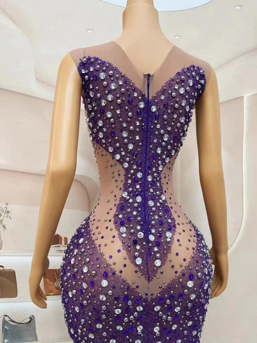 Stunning Sheer Violet Gown with Sparkling Rhinestones for Unforgettable Celebrations