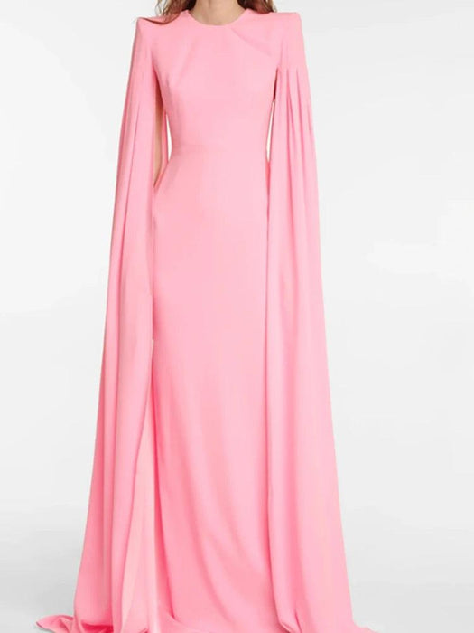 Chic Customizable Blush Evening Gown with Long Sleeves and Structured Shoulders for Fall 2024