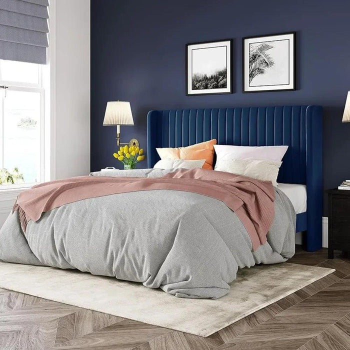 Elegant Blue Velvet Wingback Bed Frame with Smart Under-Bed Storage - Chic & Comfortable Design