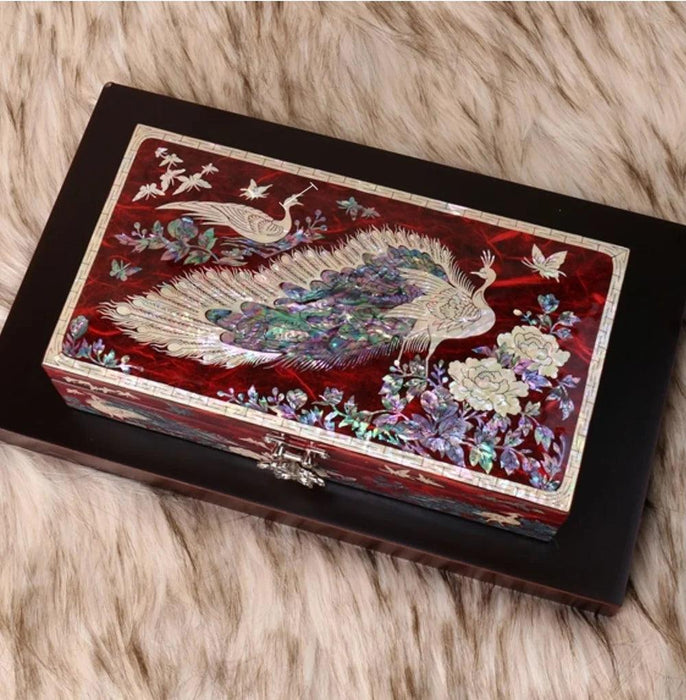 Artisan-Made Mother of Pearl Jewelry Box with Exquisite Peacock Inlay - An Elegant Storage Solution for Your Treasures