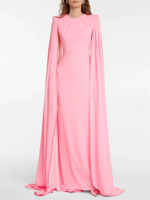 Chic Customizable Blush Evening Gown with Long Sleeves and Structured Shoulders for Fall 2024