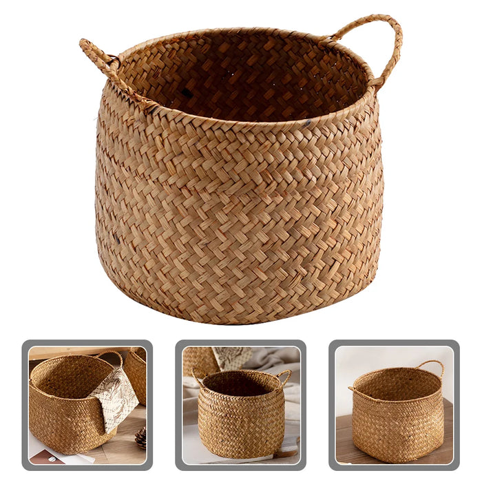 Rustic Seagrass Desktop Organizer and Storage Basket for Home Decor