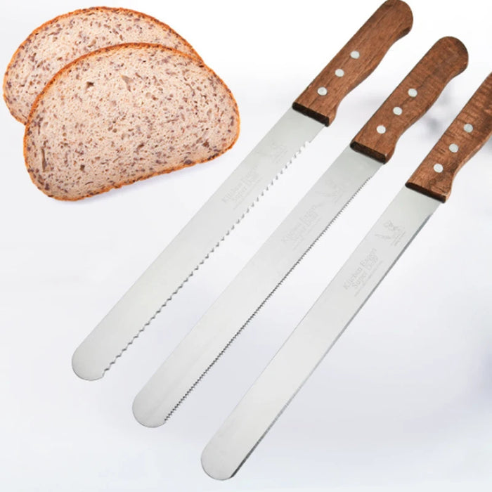Stainless Steel Bread Knife Set with Wooden Handle and Storage Block - Baking Essentials