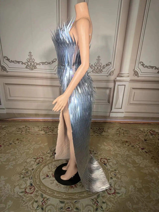 Stunning Silver Sequin Mermaid Gown with Deep V Neck and High Side Slit for Glamorous Nights