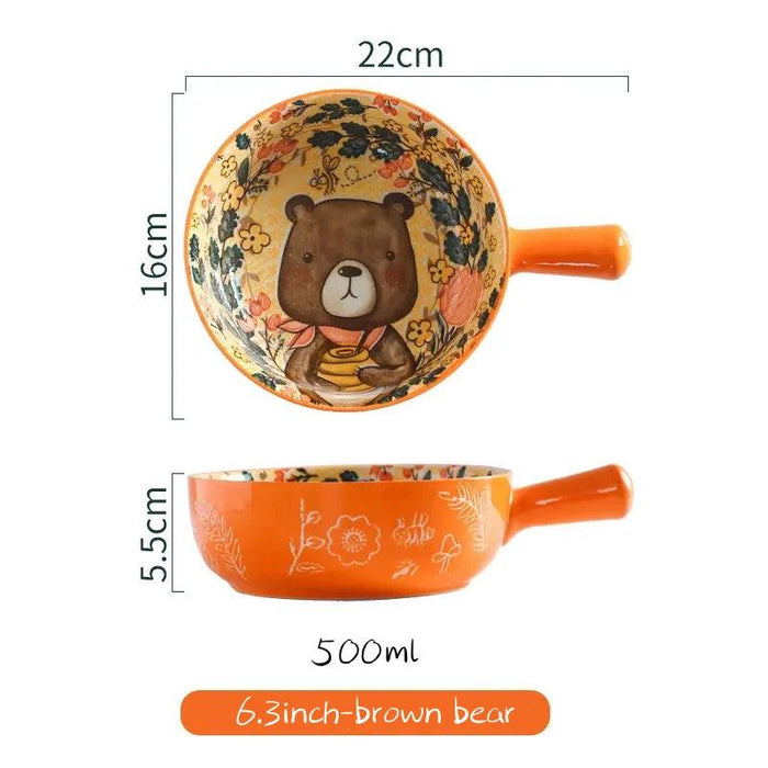 Forest Animal Design Large Ceramic Noodle Bowl with Single Handle - Creative Home and Restaurant Decor