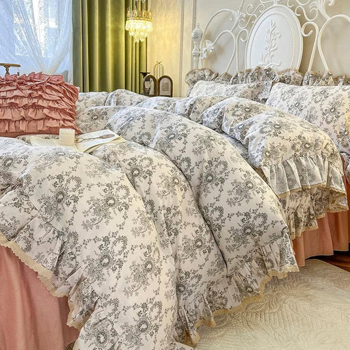 Charming Vintage Floral Ruffled Cotton Bedding Set with Skirt and Pillowcases