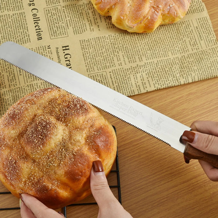 Stainless Steel Bread Knife Set with Wooden Handle and Storage Block - Baking Essentials