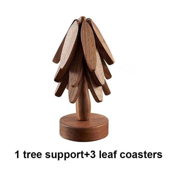 Set of 4 - Walnut Wood Tree-Shaped Heat-Resistant Trivet Set