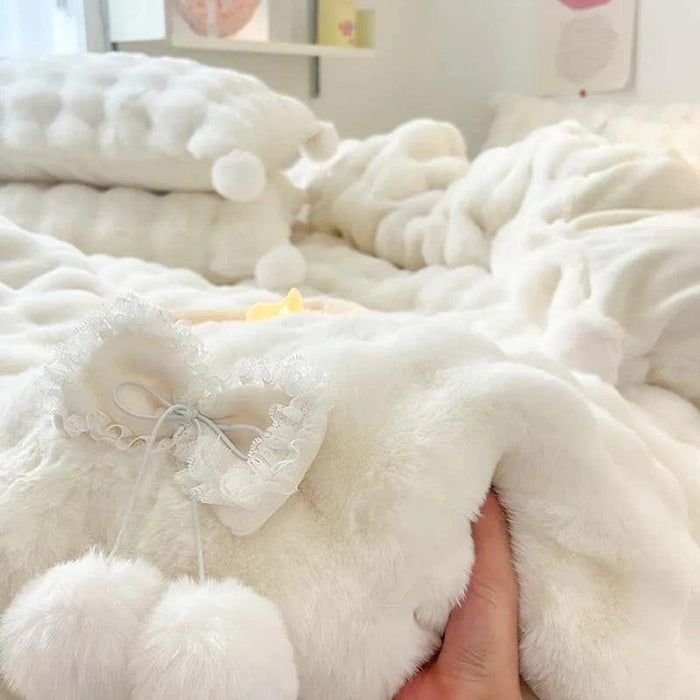 Plush Faux Rabbit Fur Bedding Ensemble with Charming Ball Accents - Duvet Cover, Sheets, and Pillowcases