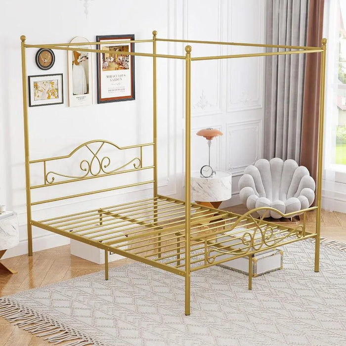 Chic Metal Canopy Bed Frame with Four Posters and Under-Bed Storage Solutions