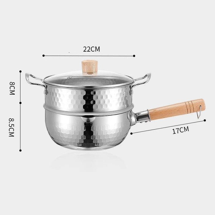 Japanese Stainless Steel Snow Pan with Ergonomic Wooden Handle and Lid - Perfect for Stewing, Frying, and Milk Heating