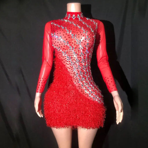 Shimmering Red Crystal Mesh Dress: Elegant Bodycon Style with Long Sleeves