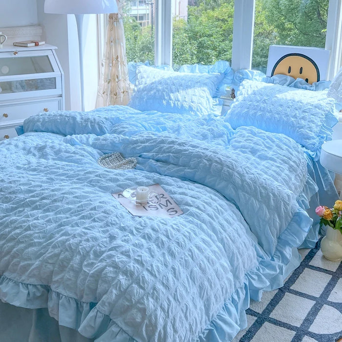 Luxe Korean Princess Lace Ruffle Bedding Ensemble with Duvet Cover, Bed Sheet, Skirt, and Pillowcases